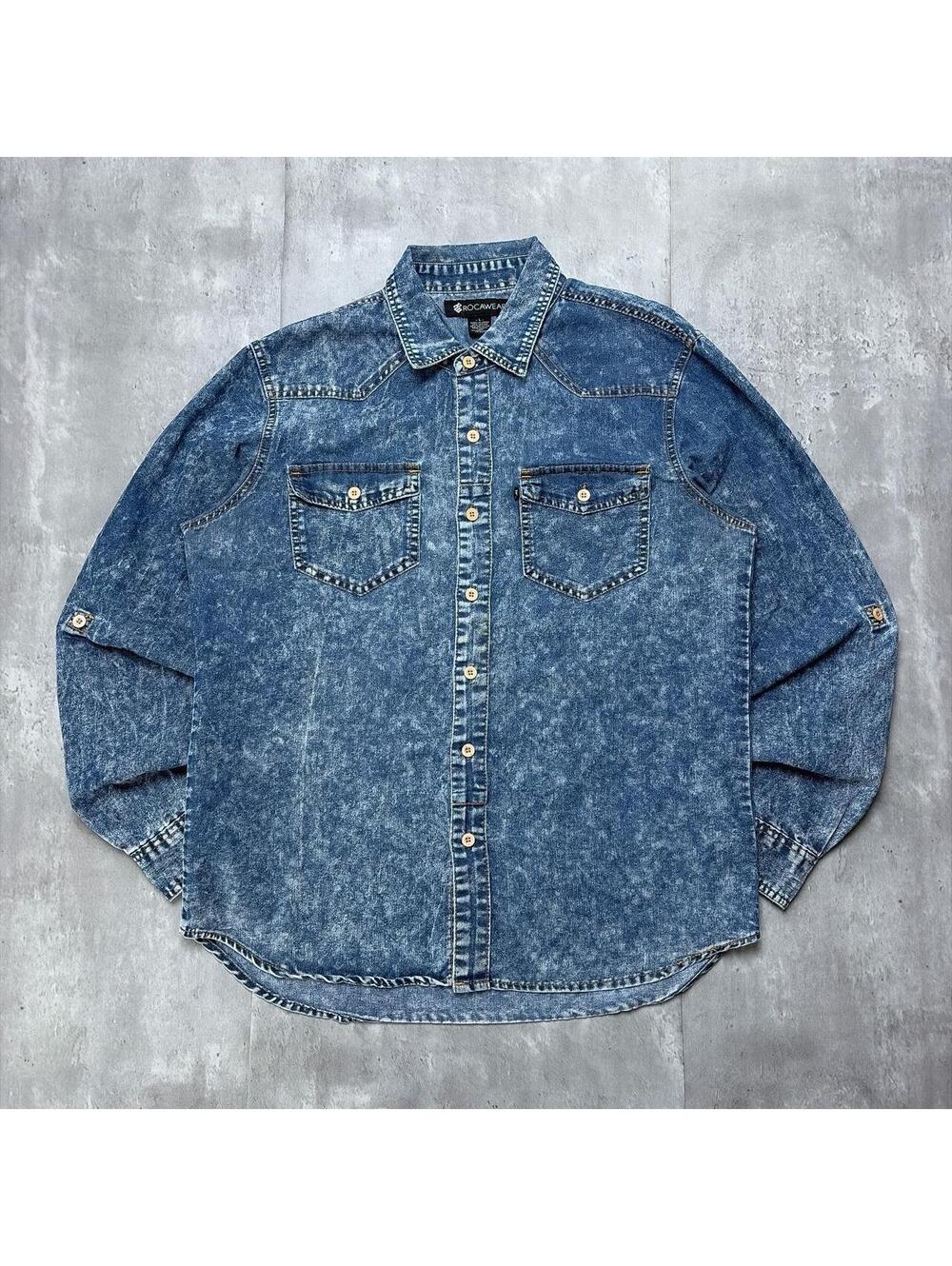 Y2K Rocawear Grunge Skater Denim Long Sleeve Button Up Shirt